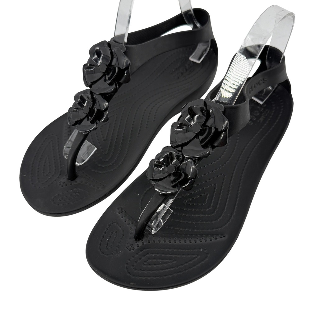 Crocs Serena Floral Embellish Sexi Flip Sandal Black Women 10 Flower T-Strap